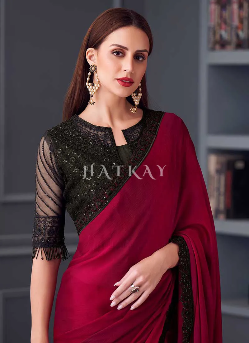 Red And Black Embroidery Designer Saree with Jacket