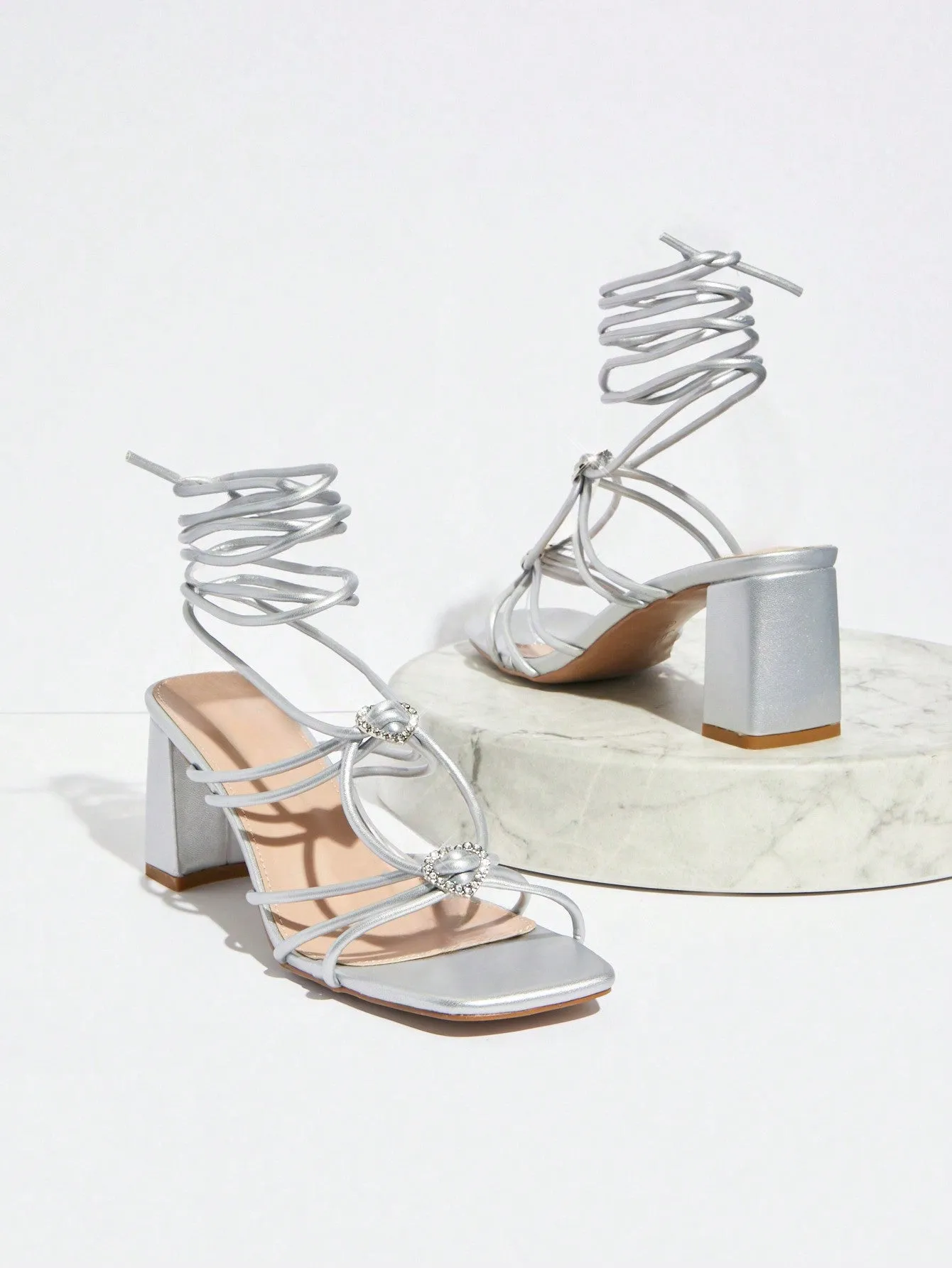 Rhinestone Embellished Cross Straps High Heel Sandals