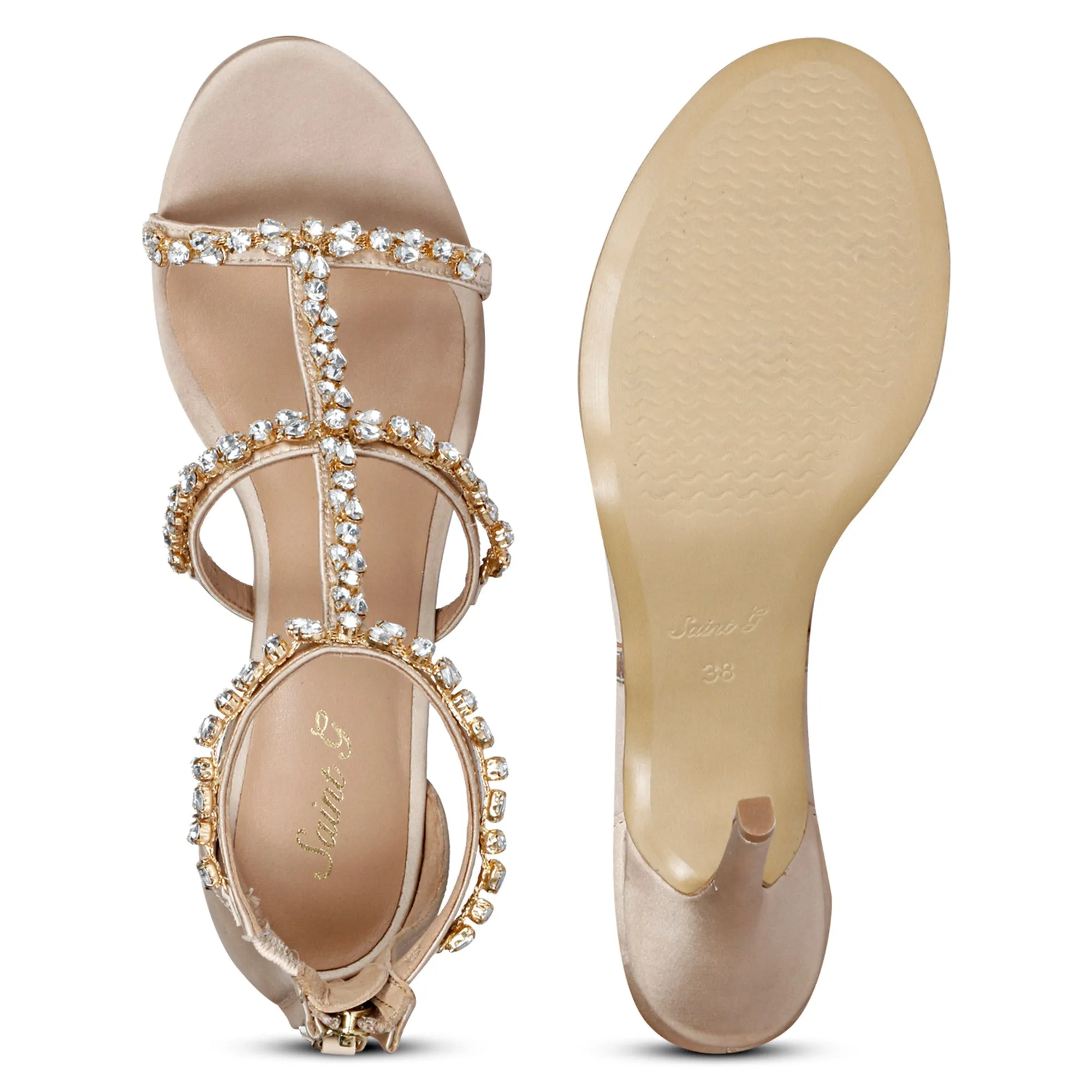 Saint Ella Stone Embellished Nude Strappy Leather Stilettos Heels