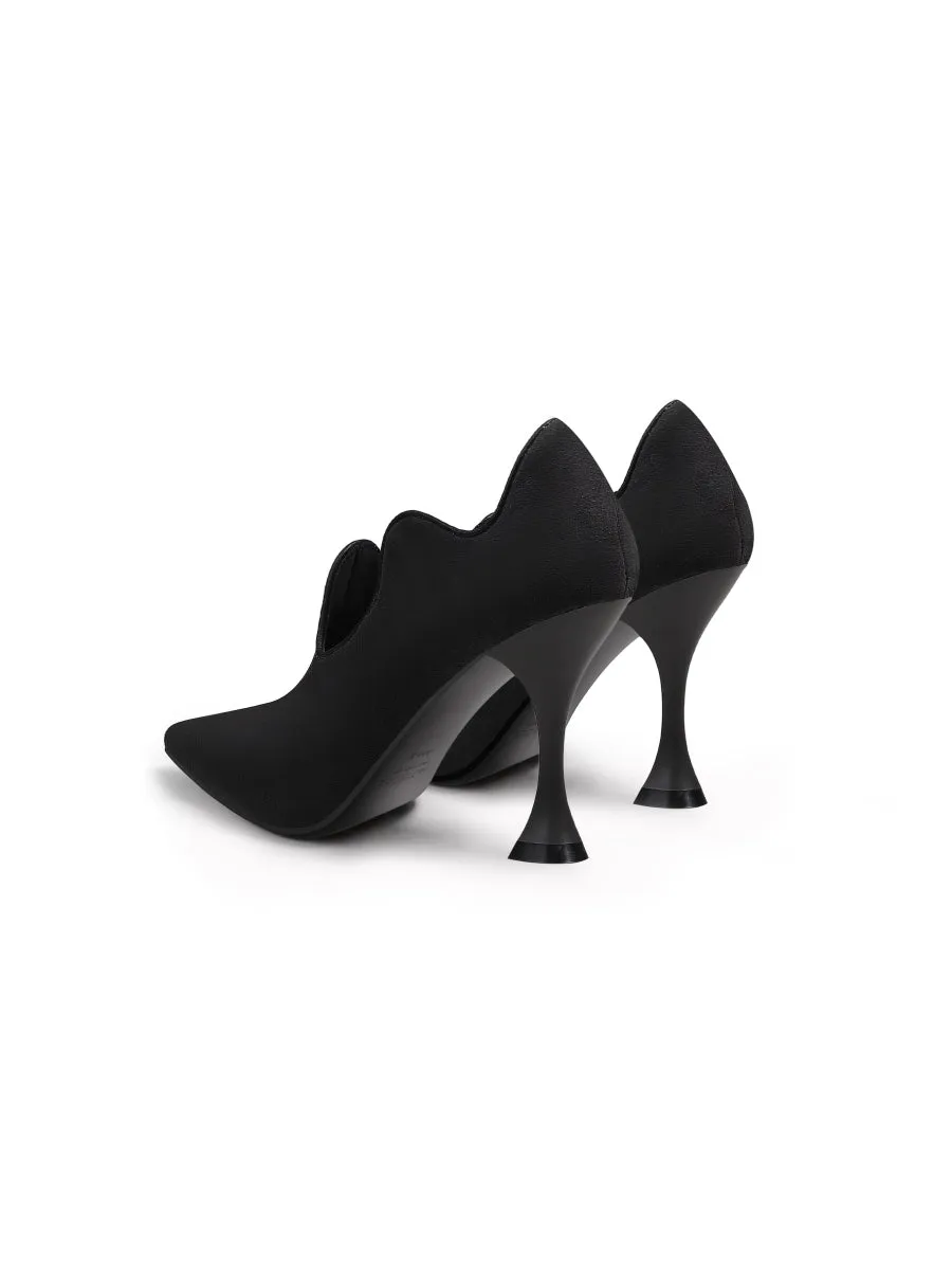 Scalloped Edges-Curve Shaped Leather Stilettos - Black