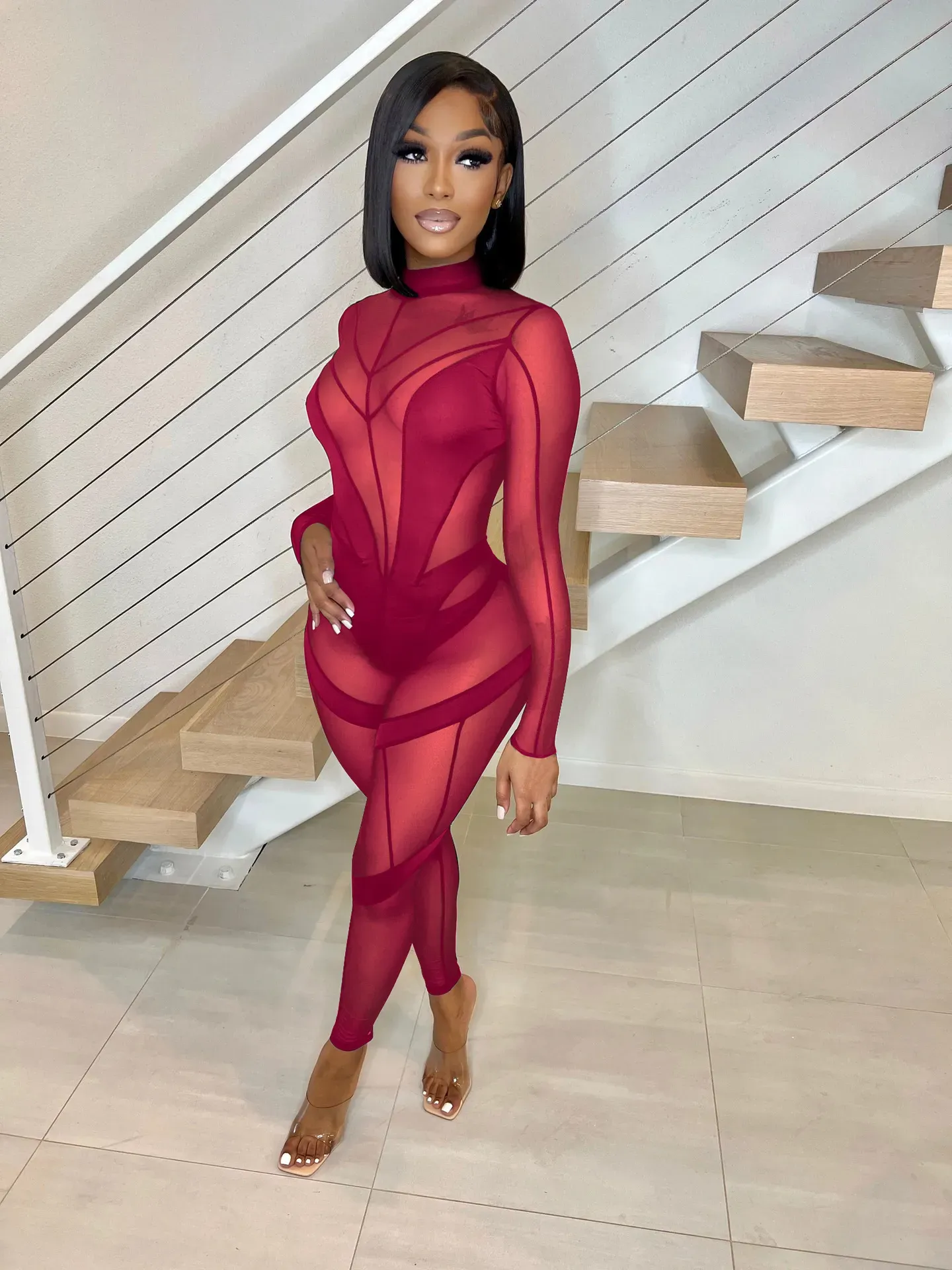 Siena Long Sleeve Sheer Mesh Panel Bodycon Jumpsuit