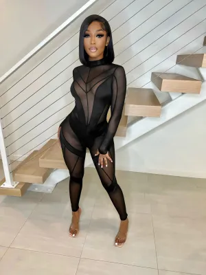 Siena Long Sleeve Sheer Mesh Panel Bodycon Jumpsuit
