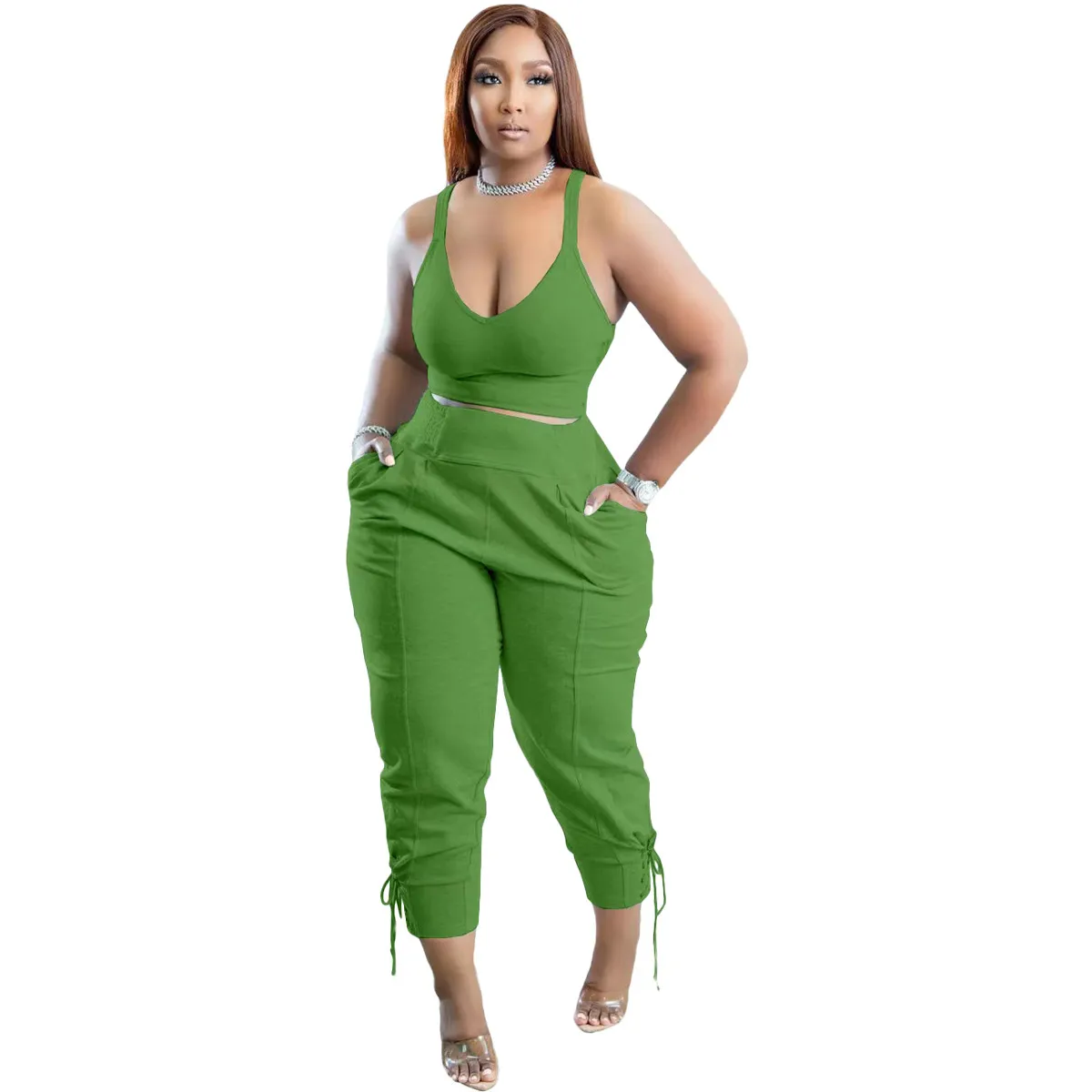 Solid Color High Waist Pant Set with Pockets - Polyester/Cotton