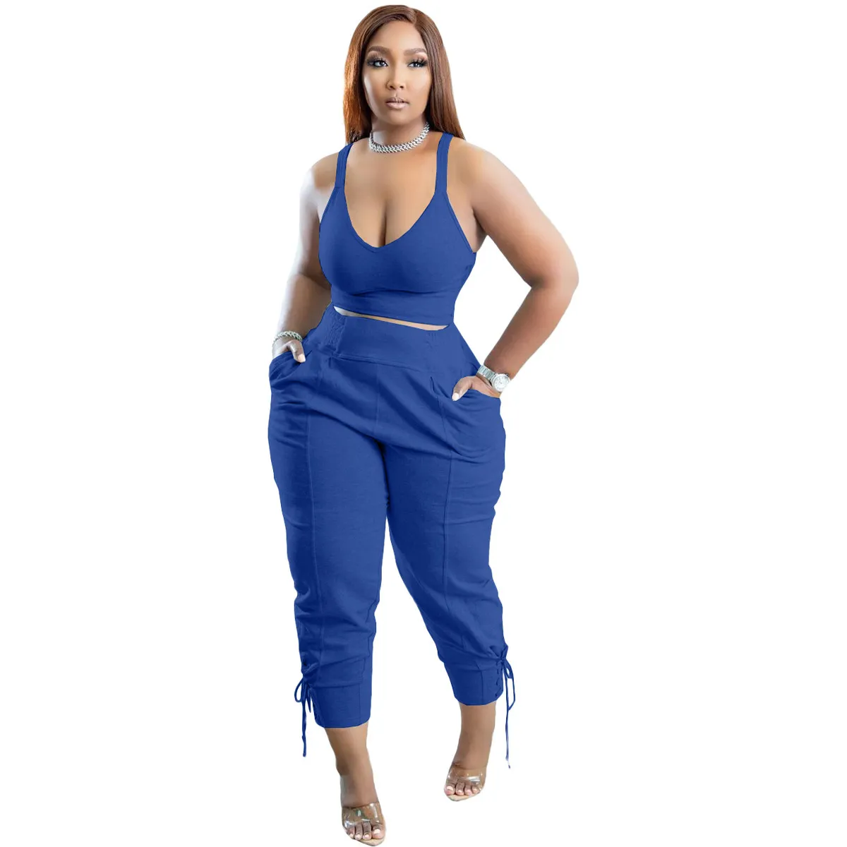 Solid Color High Waist Pant Set with Pockets - Polyester/Cotton
