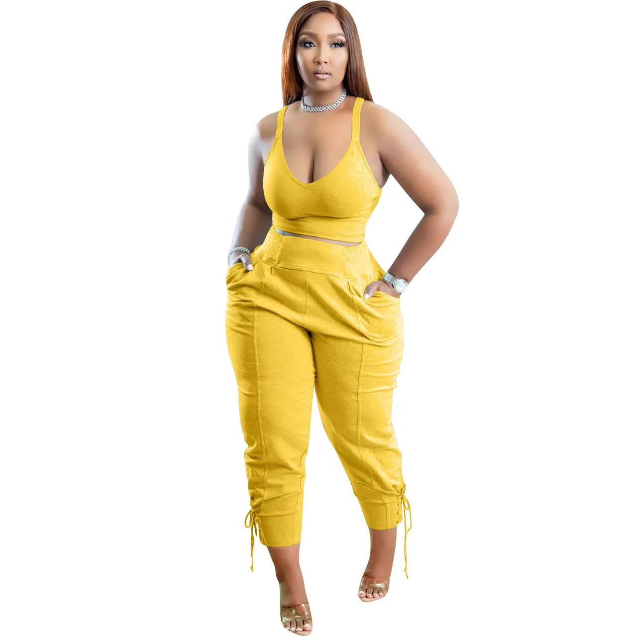Solid Color High Waist Pant Set with Pockets - Polyester/Cotton