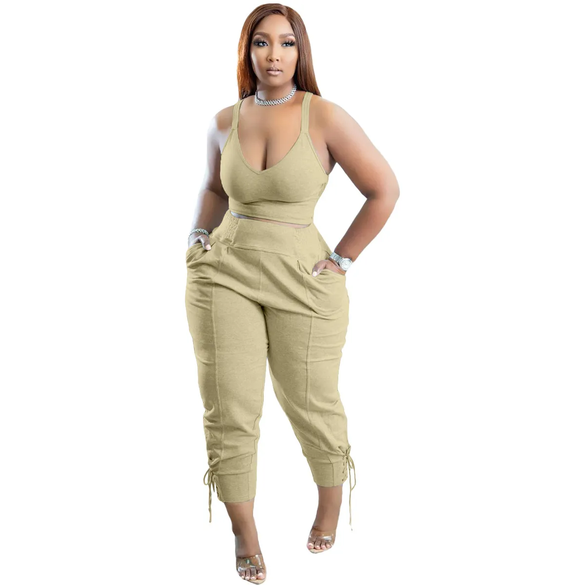 Solid Color High Waist Pant Set with Pockets - Polyester/Cotton