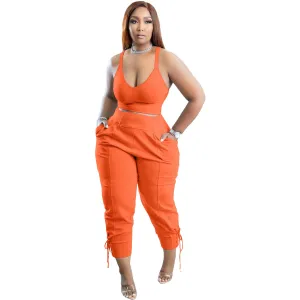 Solid Color High Waist Pant Set with Pockets - Polyester/Cotton