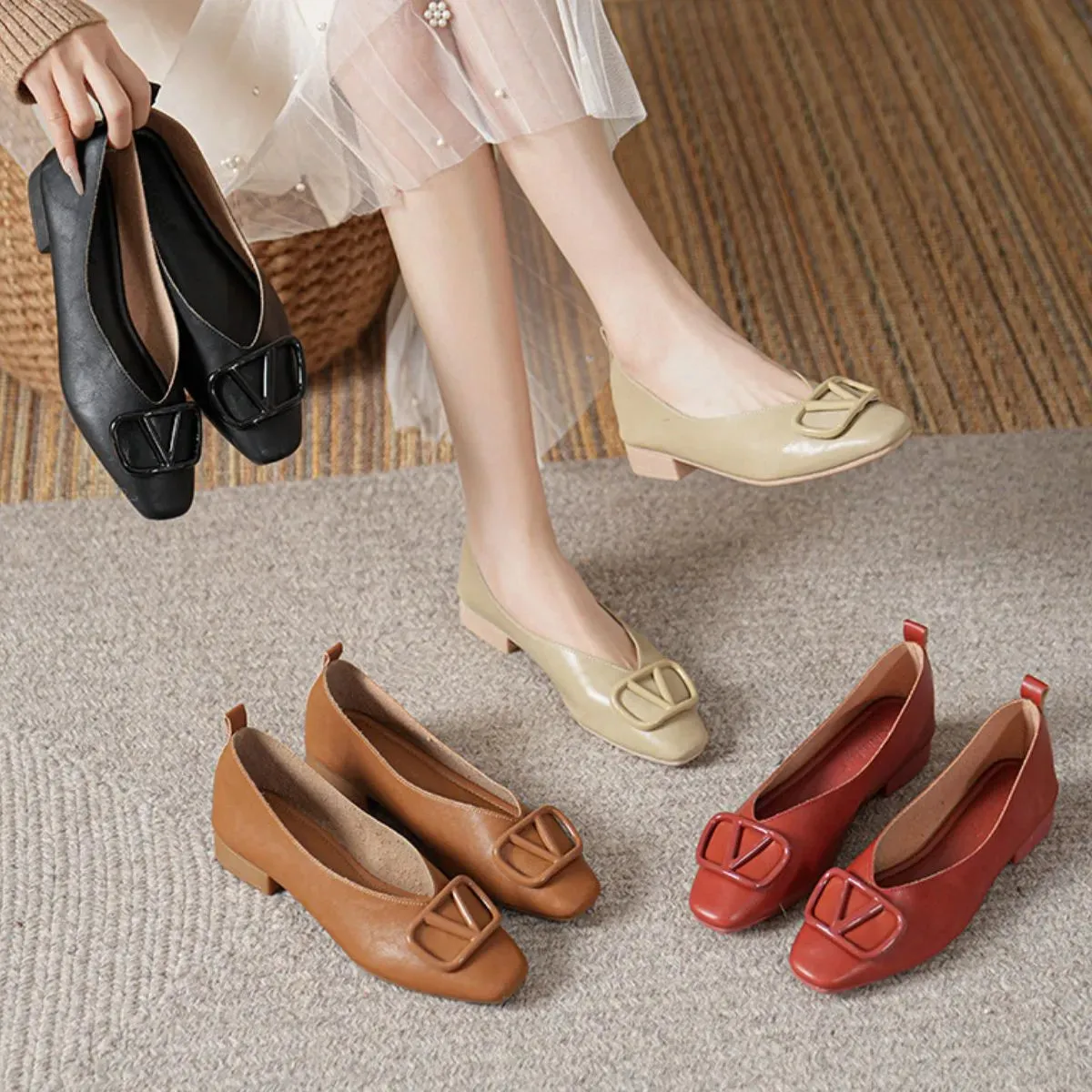 Square Toe Block Heels Slip-Ons