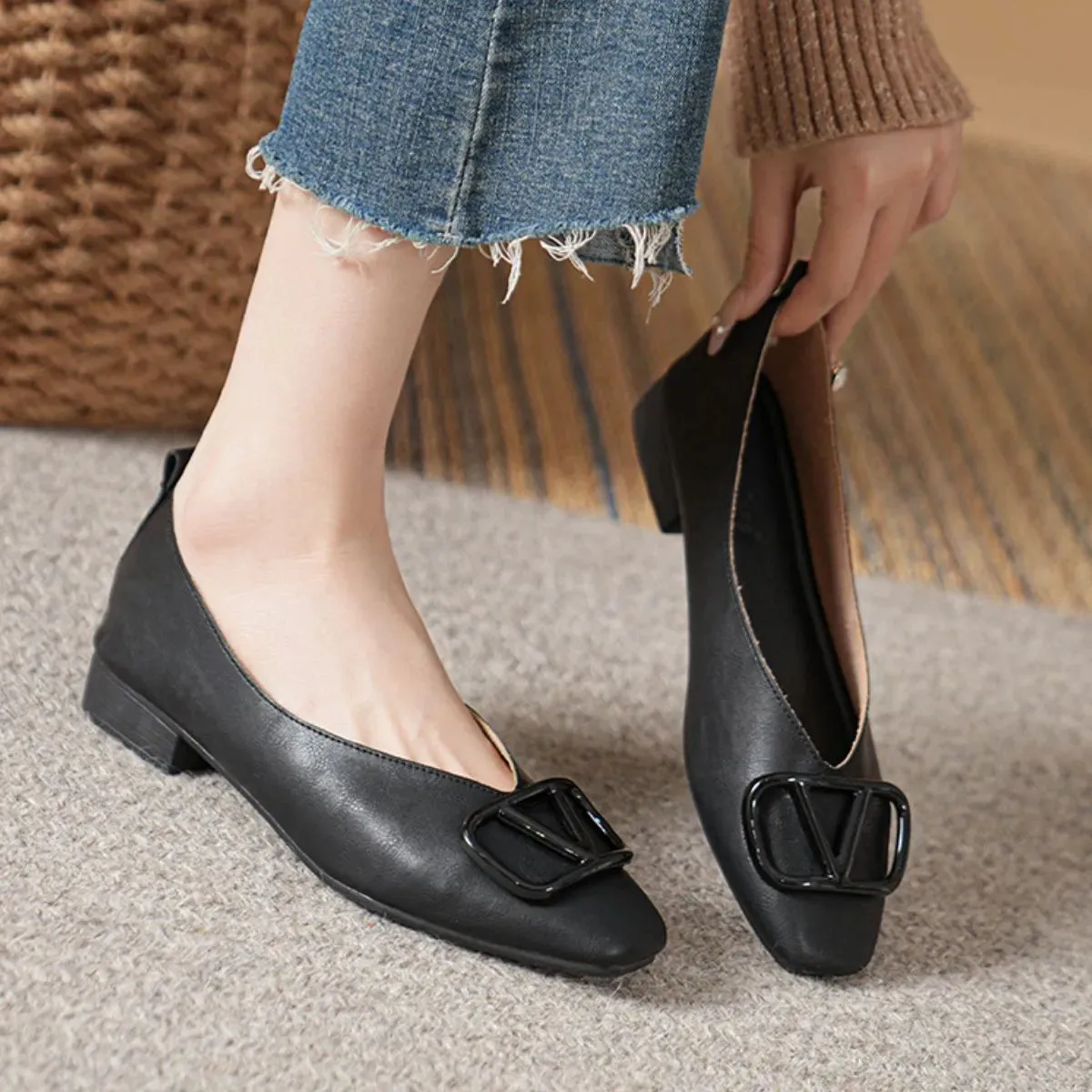 Square Toe Block Heels Slip-Ons