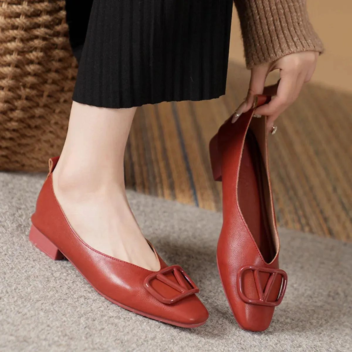 Square Toe Block Heels Slip-Ons