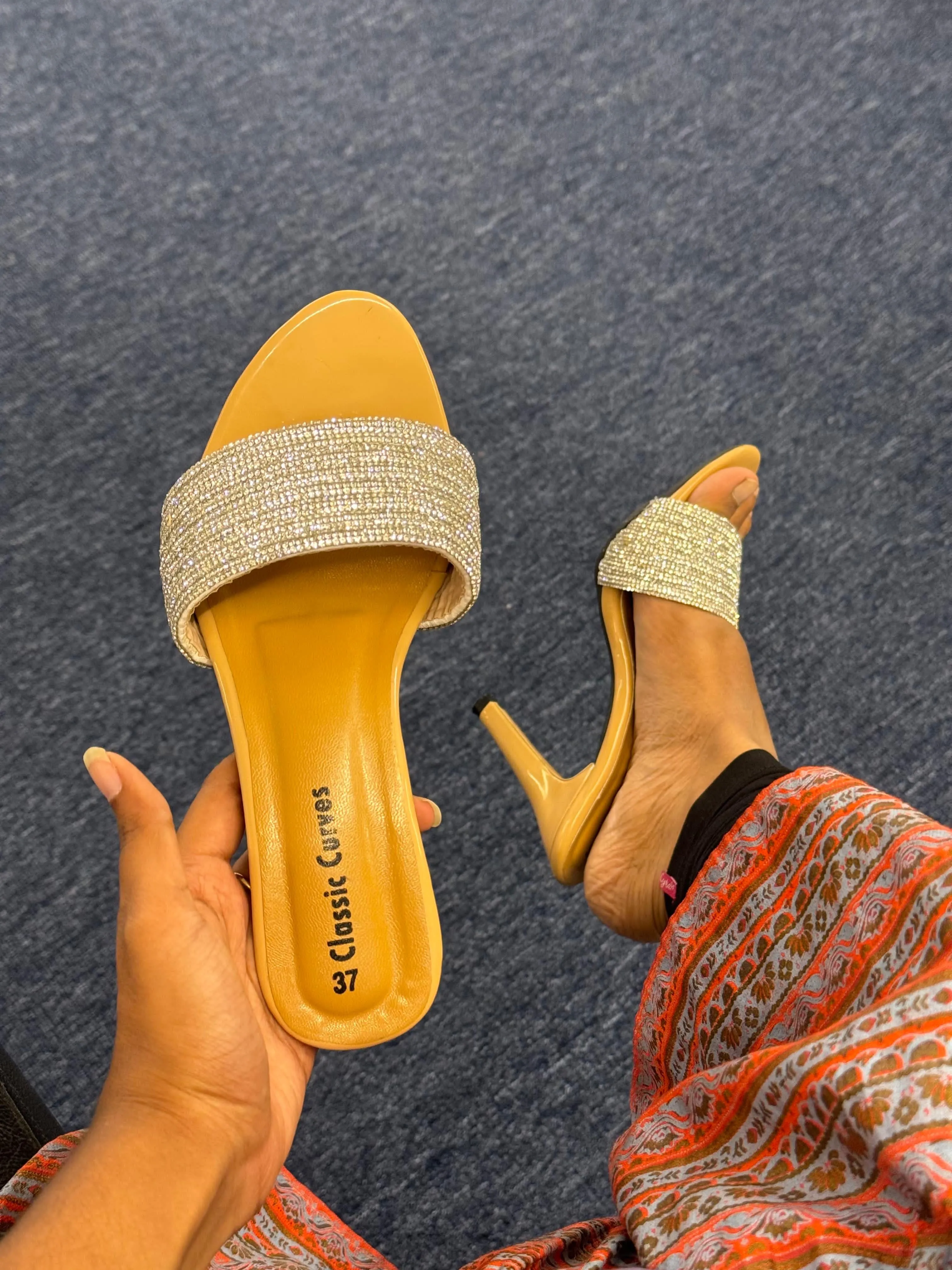 Stone studded nude pencil heels