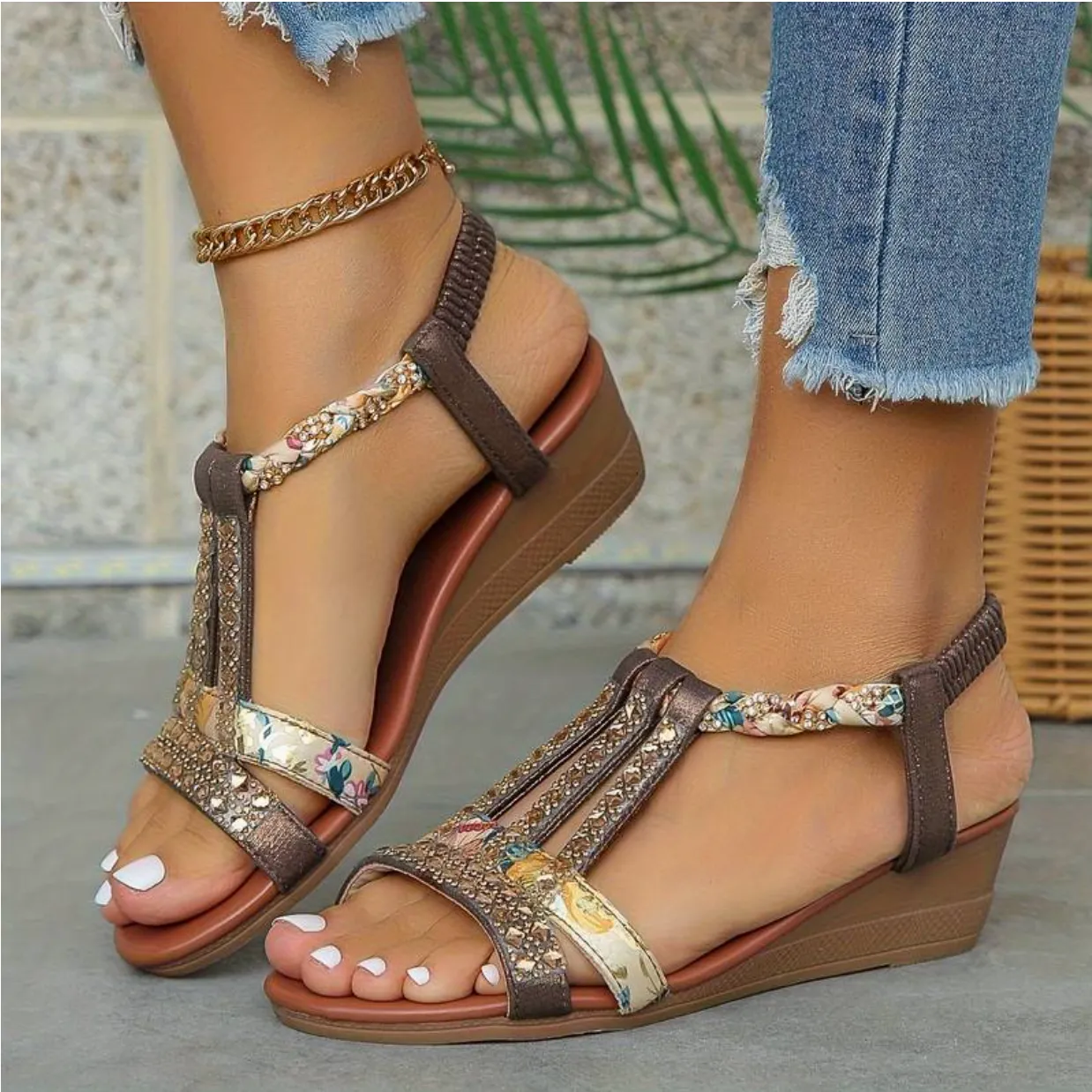 Stylish Rhinestone Decorative Women’s Bohemian Slingback Wedge Sandals
