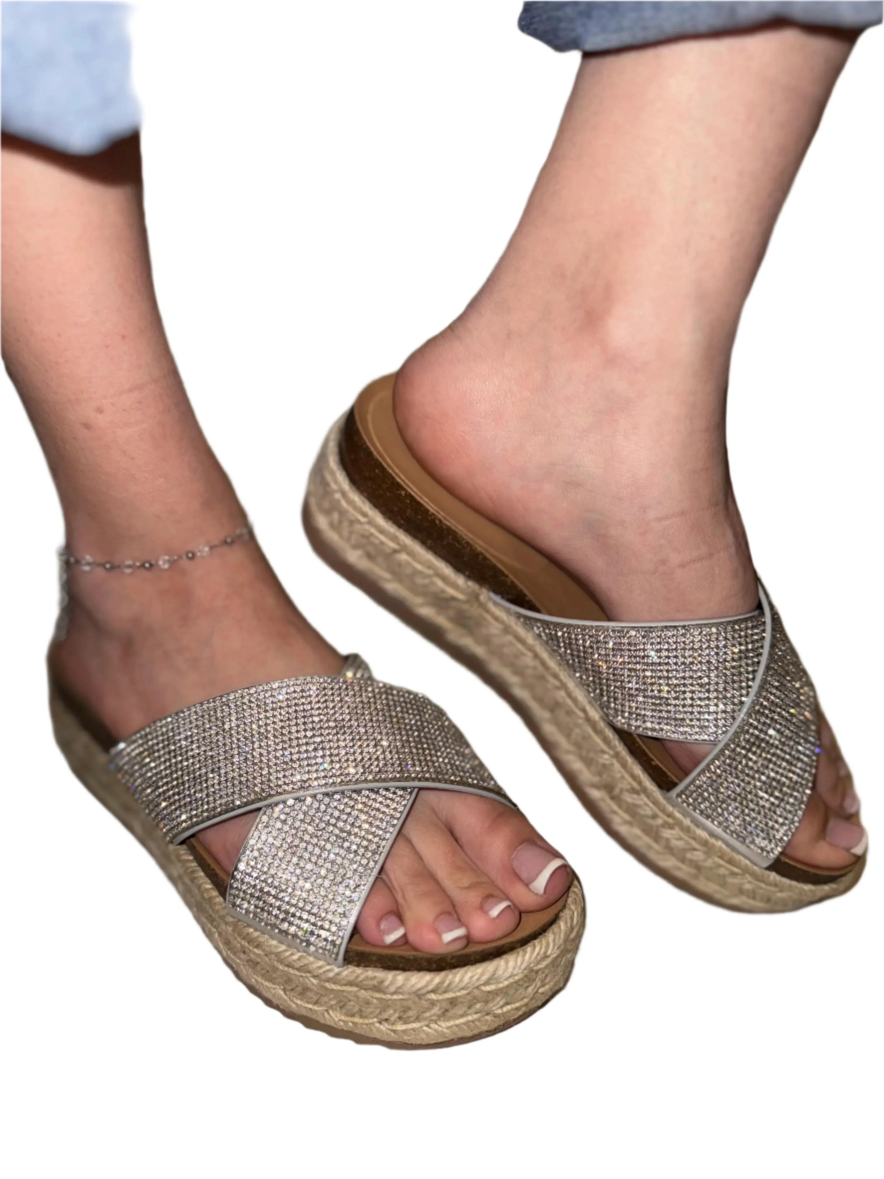 SUMMER PLATFORM RHINESTONE CROSS SANDAL SLIDE DELTA-S