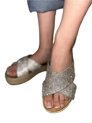 SUMMER PLATFORM RHINESTONE CROSS SANDAL SLIDE DELTA-S