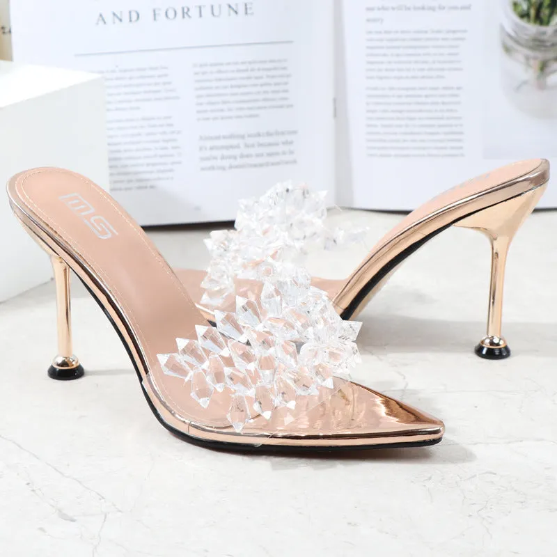 Summer Pointed High Heels Solid Color High Heels Rhinestone Sandals