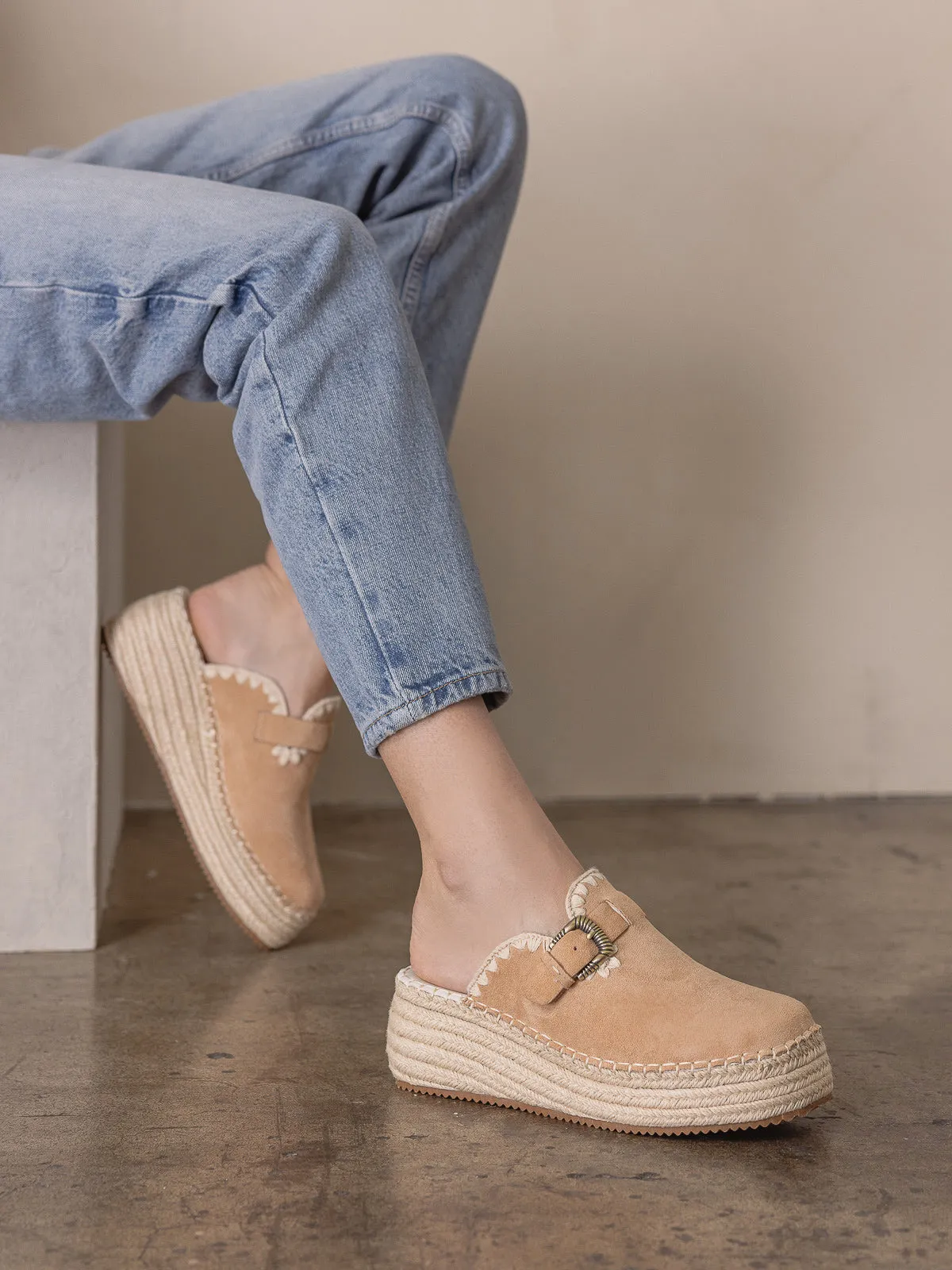 The Edith | Almond Clog Raffia Mule with Western Buckles