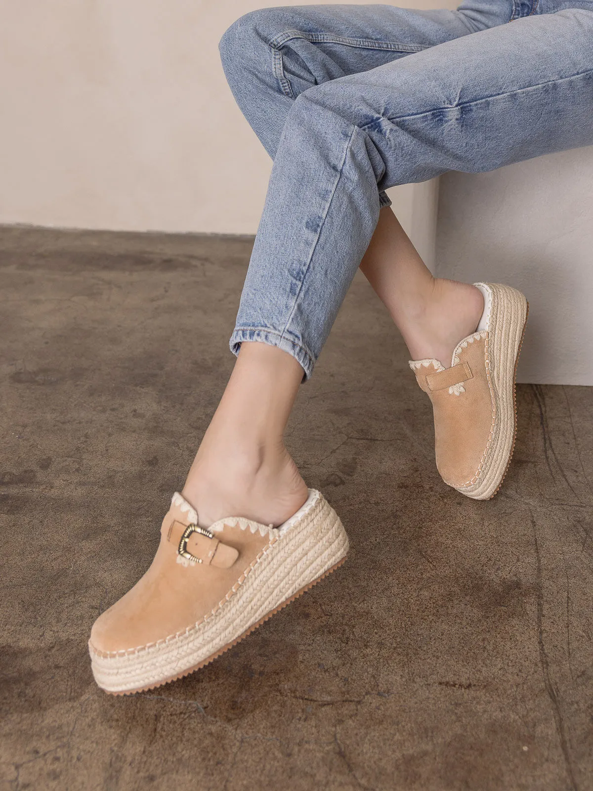 The Edith | Almond Clog Raffia Mule with Western Buckles