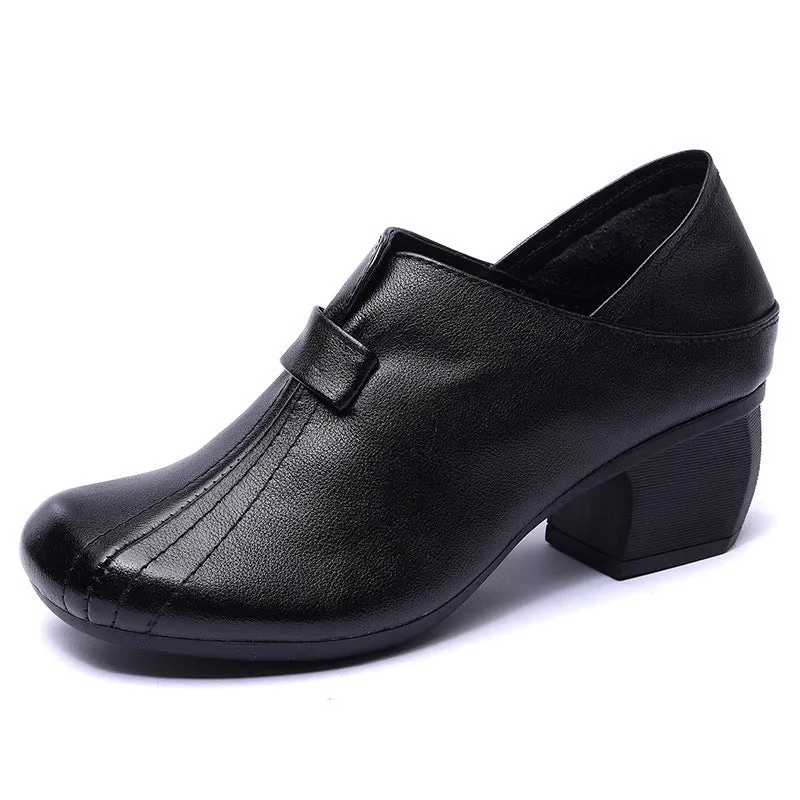 Thick Heel Leather Women's Soft and Comfortable Shoes