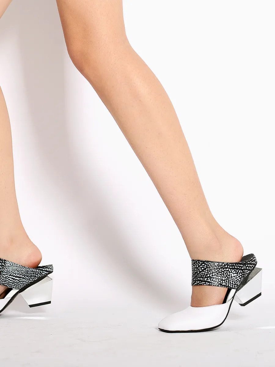 Tina Geometric Heel White Leather Sandal