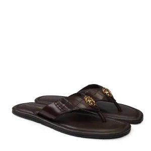 V-Strap Deep Cut Croco 3D Metal Lion Logo Slipper in Brown Leather