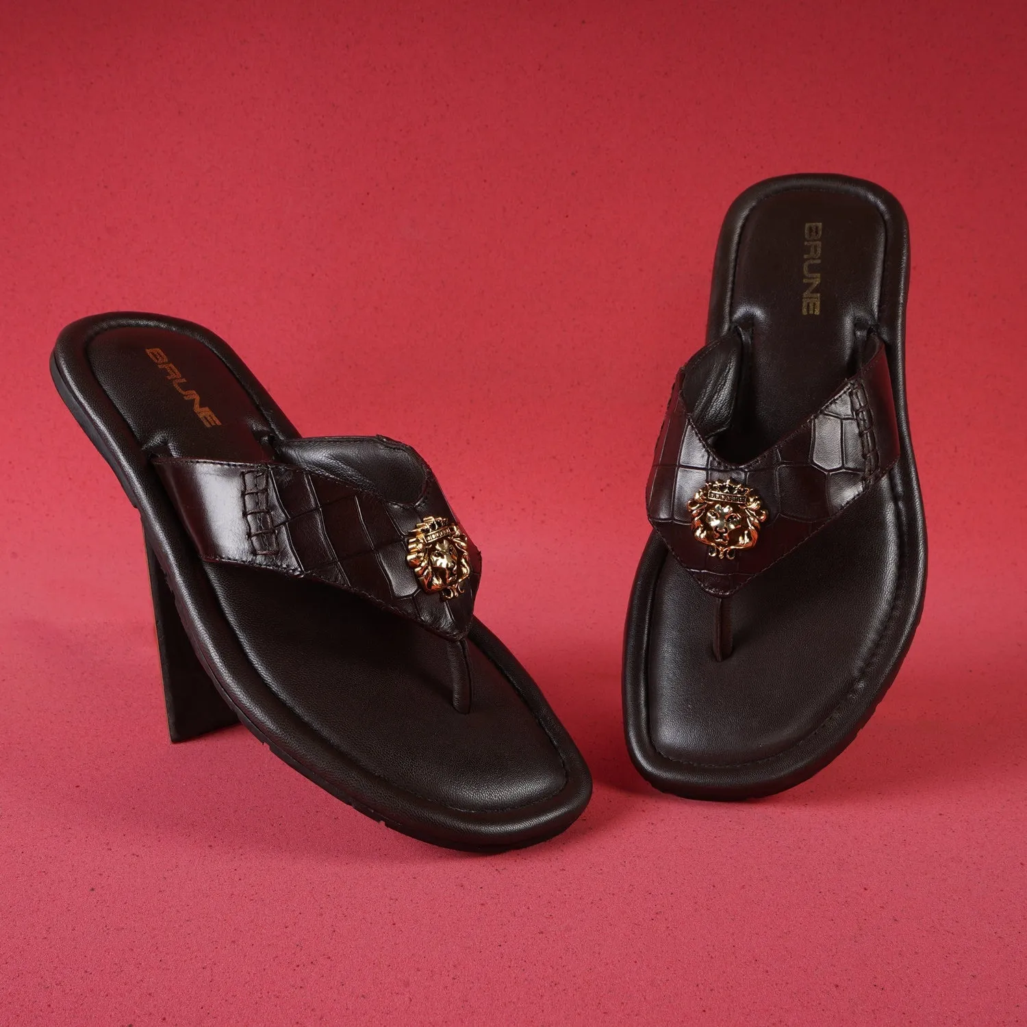 V-Strap Deep Cut Croco 3D Metal Lion Logo Slipper in Brown Leather