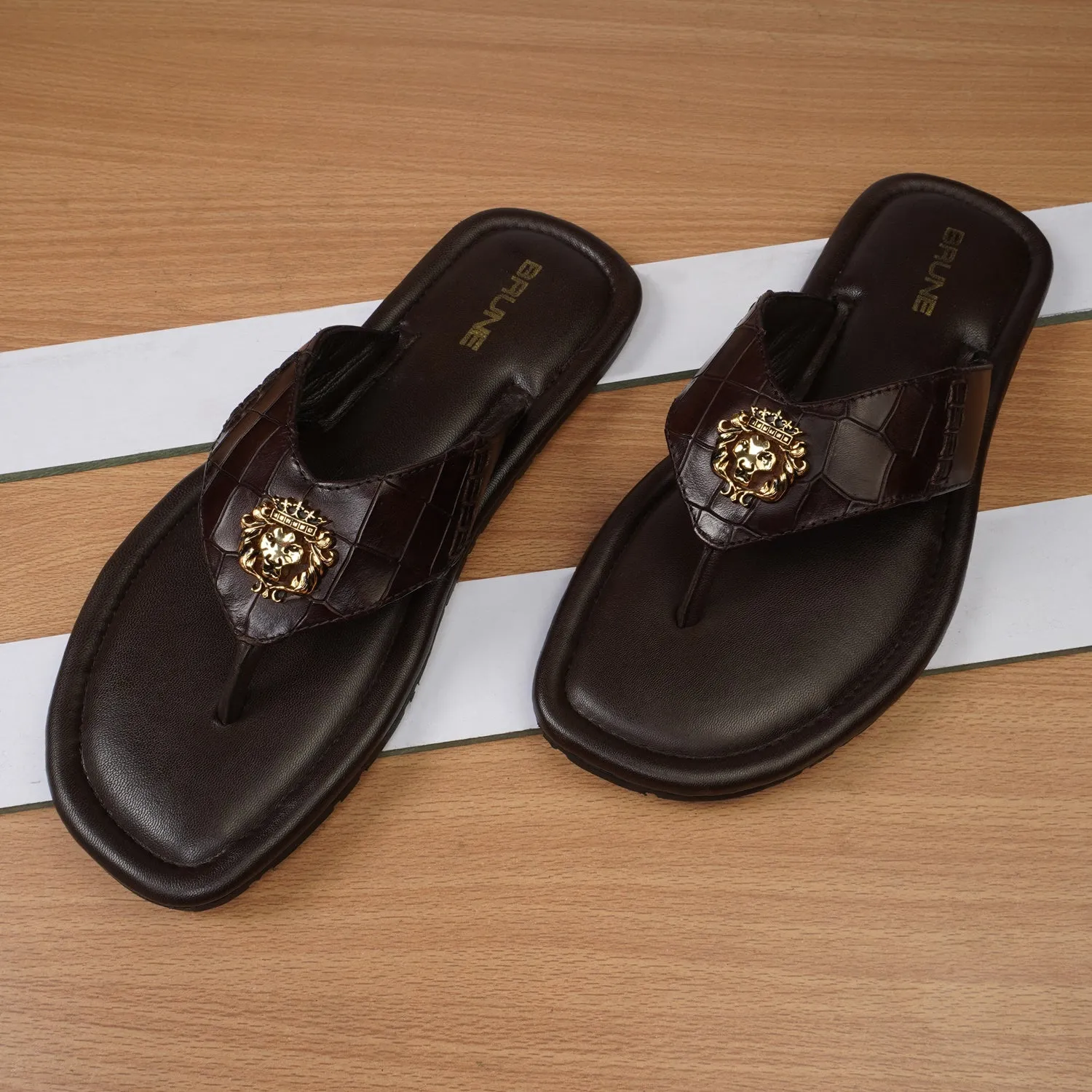 V-Strap Deep Cut Croco 3D Metal Lion Logo Slipper in Brown Leather