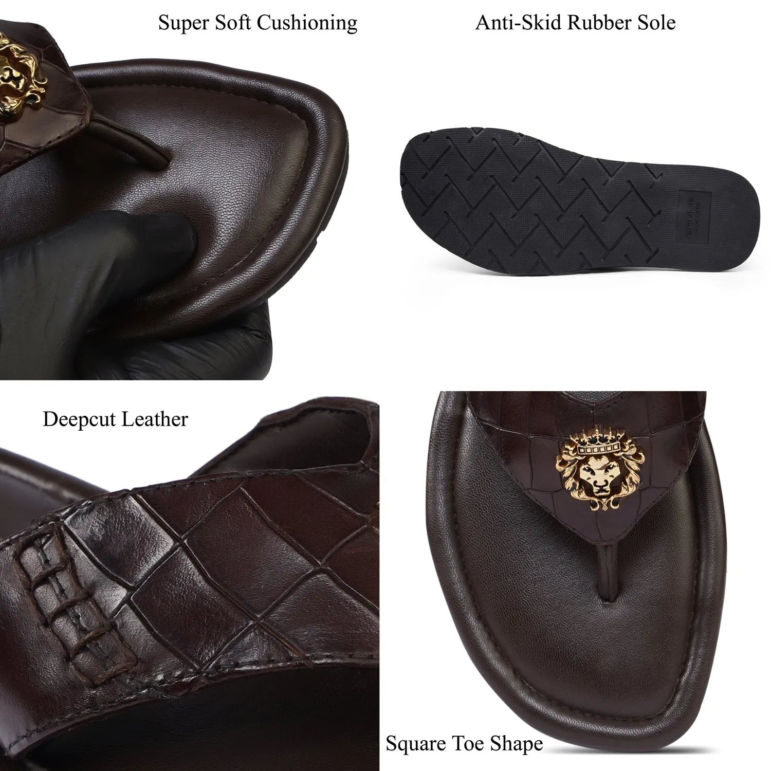 V-Strap Deep Cut Croco 3D Metal Lion Logo Slipper in Brown Leather