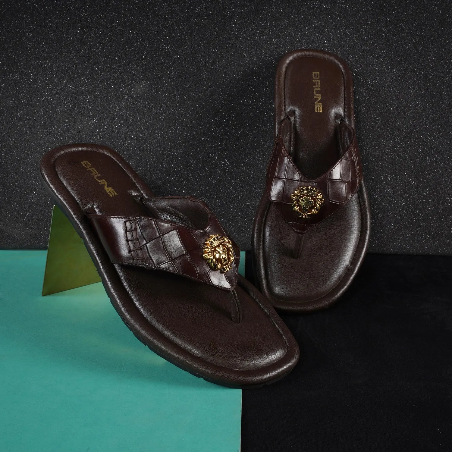 V-Strap Deep Cut Croco 3D Metal Lion Logo Slipper in Brown Leather