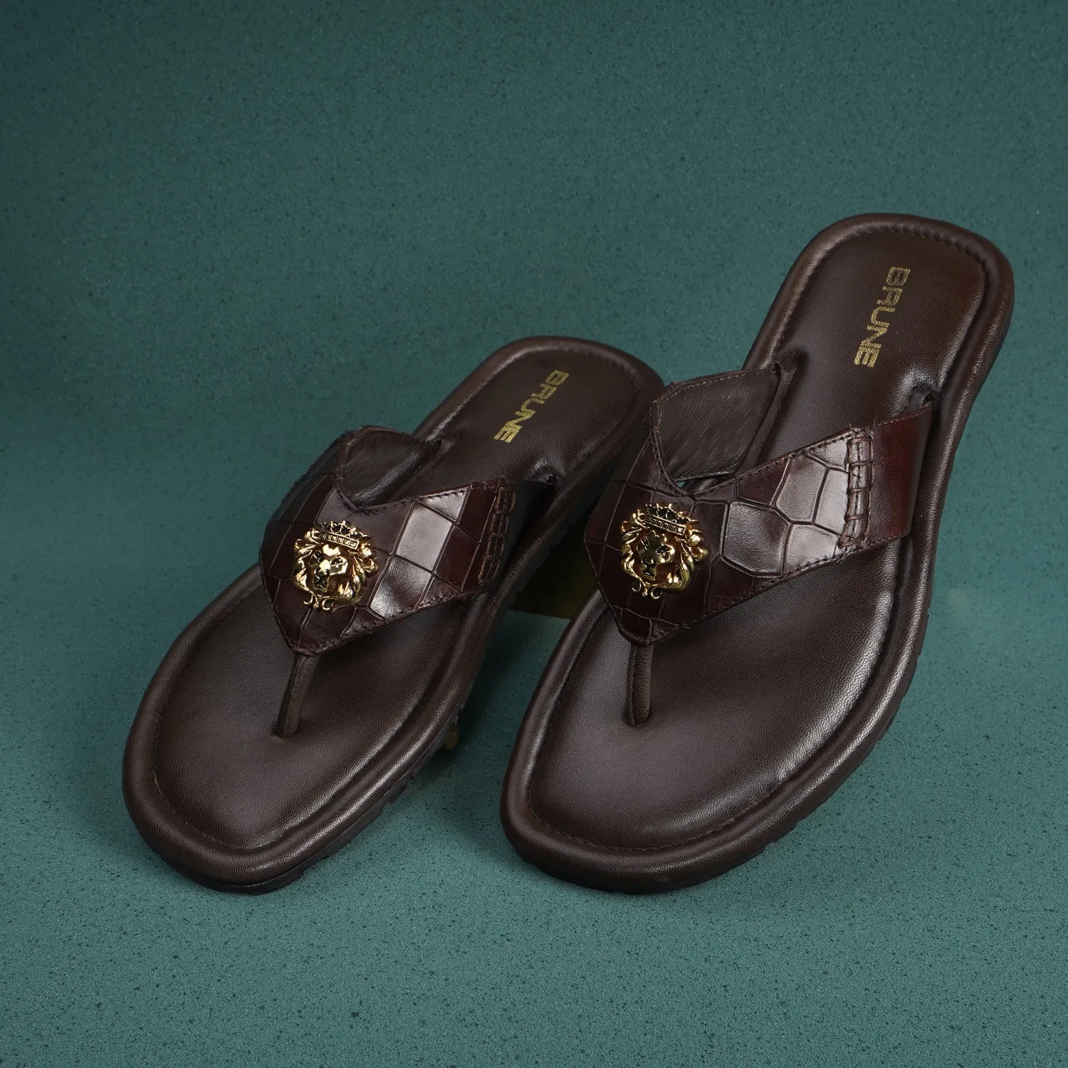 V-Strap Deep Cut Croco 3D Metal Lion Logo Slipper in Brown Leather
