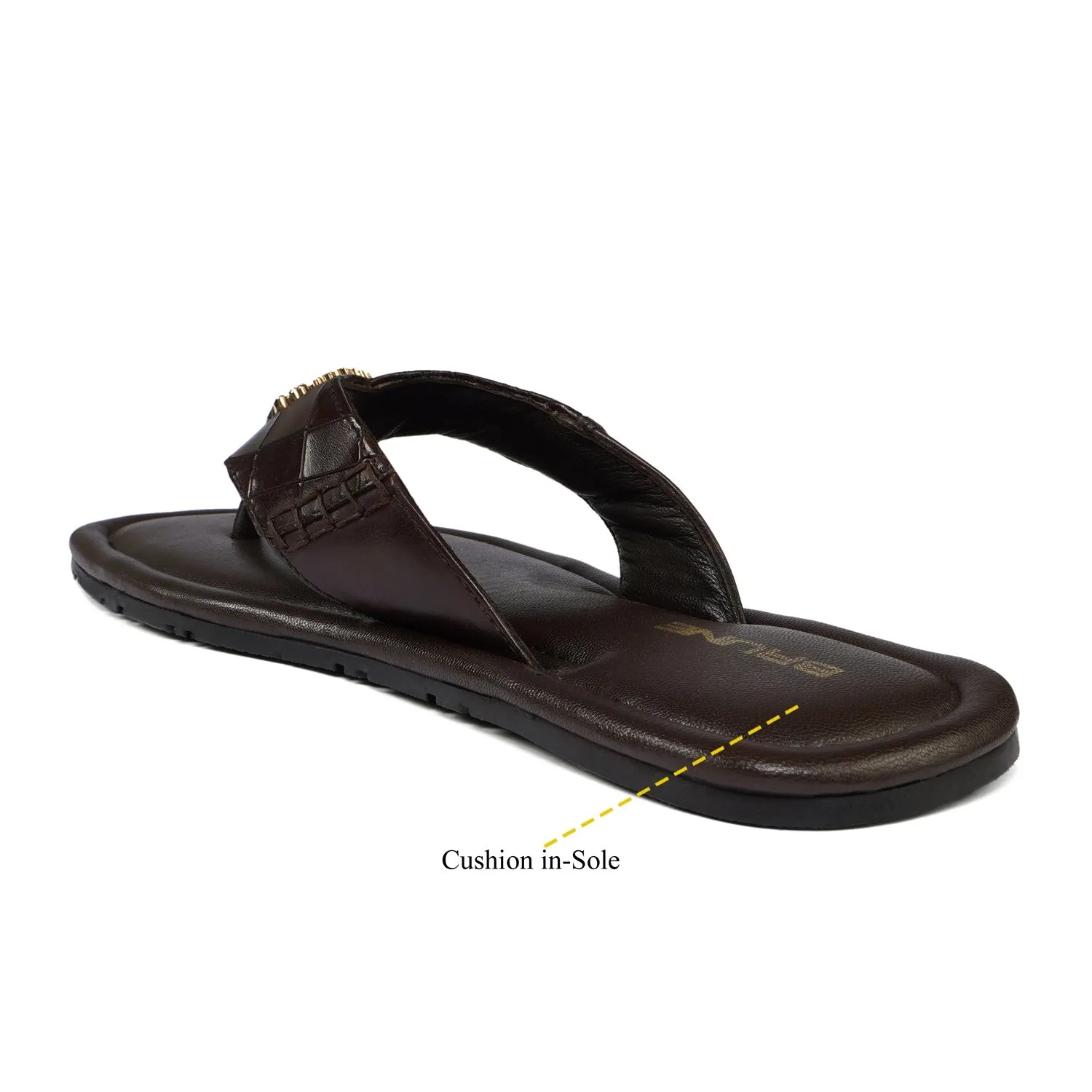 V-Strap Deep Cut Croco 3D Metal Lion Logo Slipper in Brown Leather