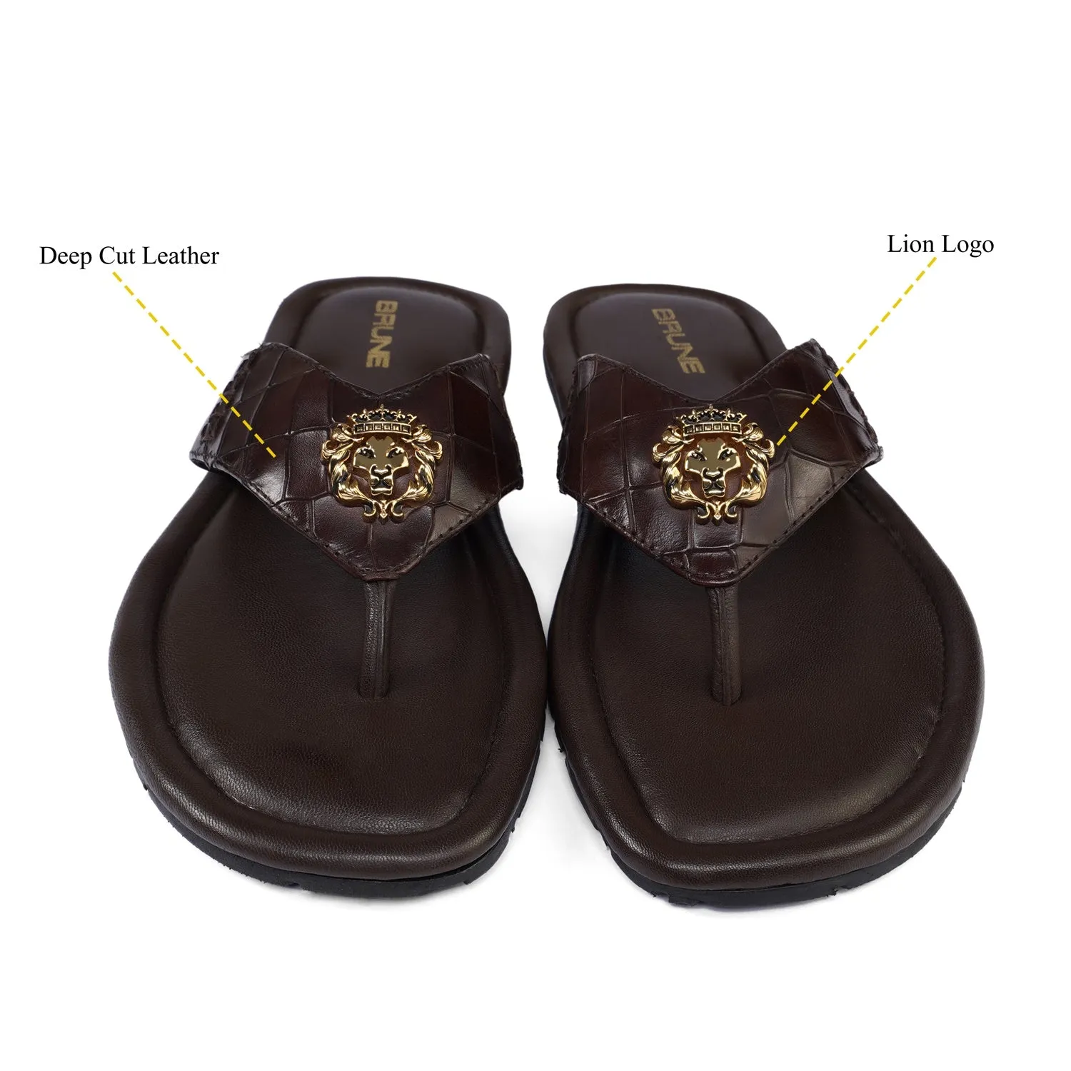 V-Strap Deep Cut Croco 3D Metal Lion Logo Slipper in Brown Leather