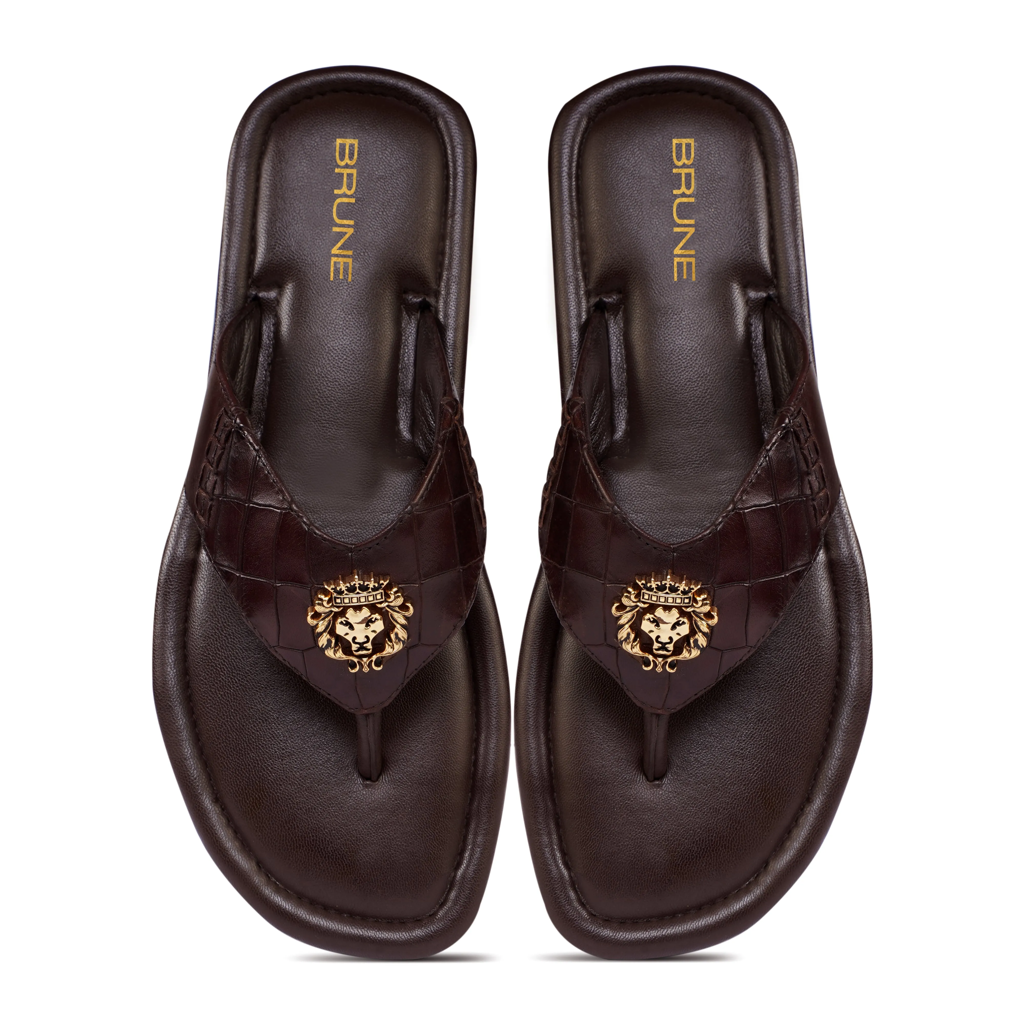 V-Strap Deep Cut Croco 3D Metal Lion Logo Slipper in Brown Leather