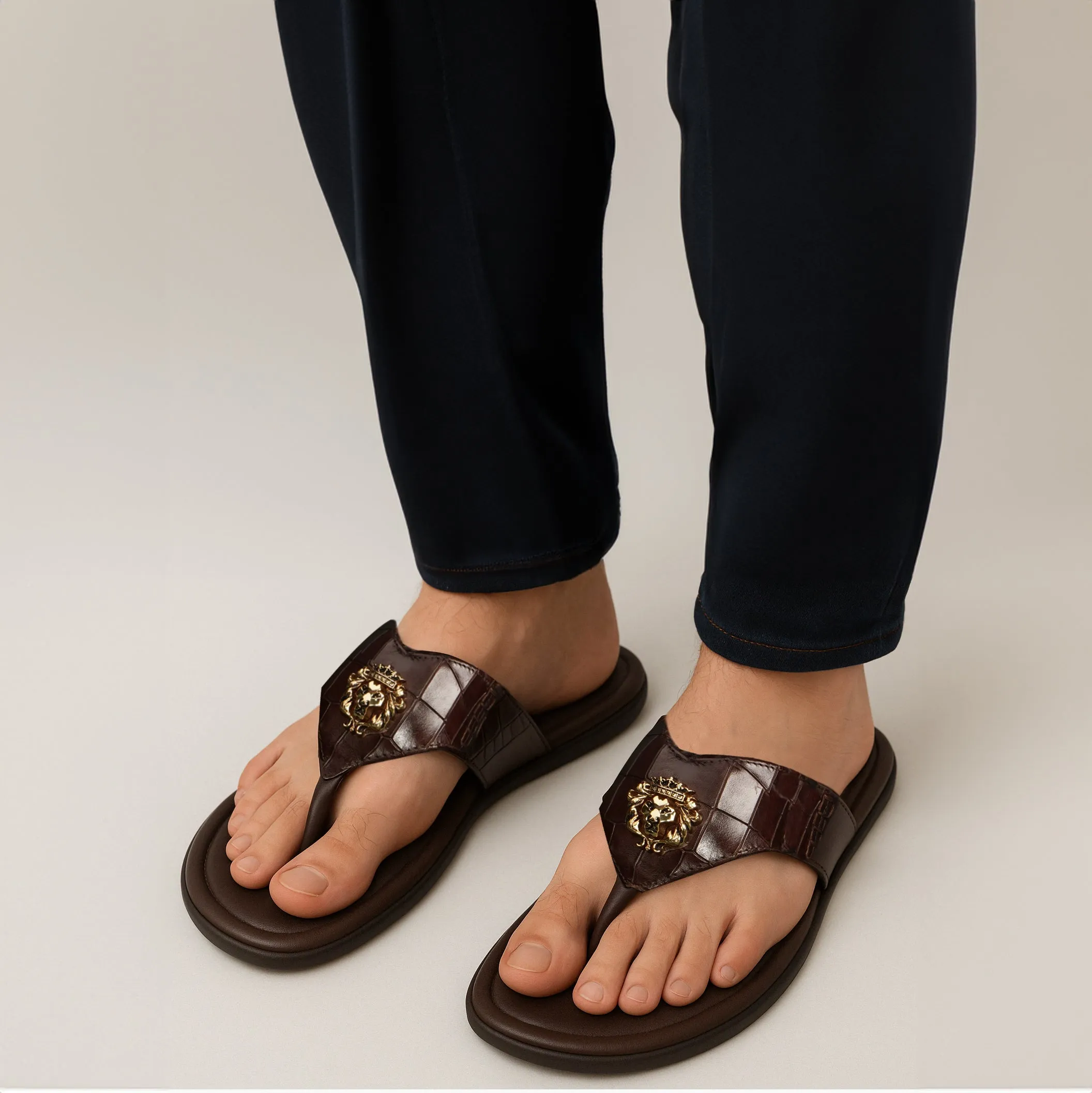 V-Strap Deep Cut Croco 3D Metal Lion Logo Slipper in Brown Leather
