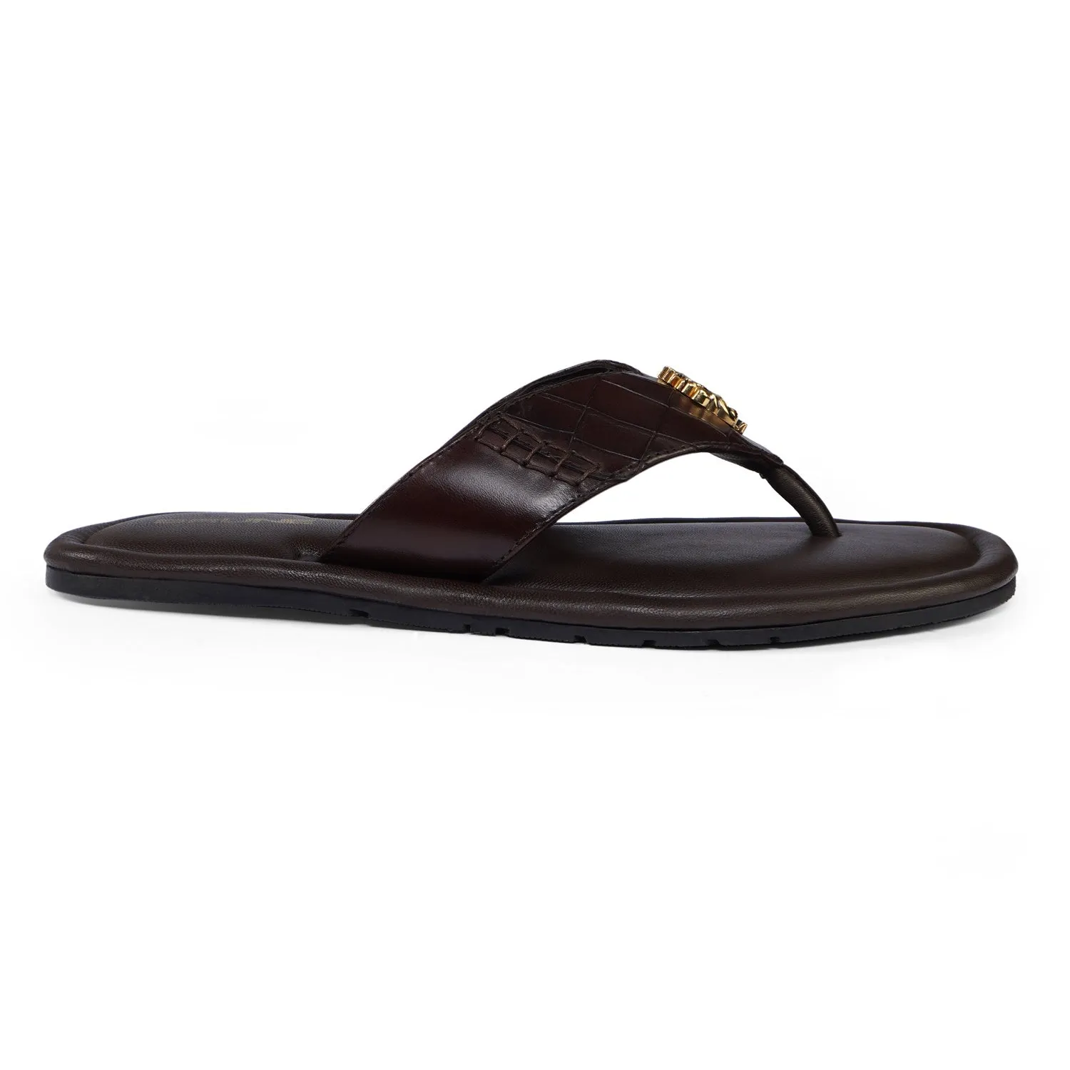 V-Strap Deep Cut Croco 3D Metal Lion Logo Slipper in Brown Leather