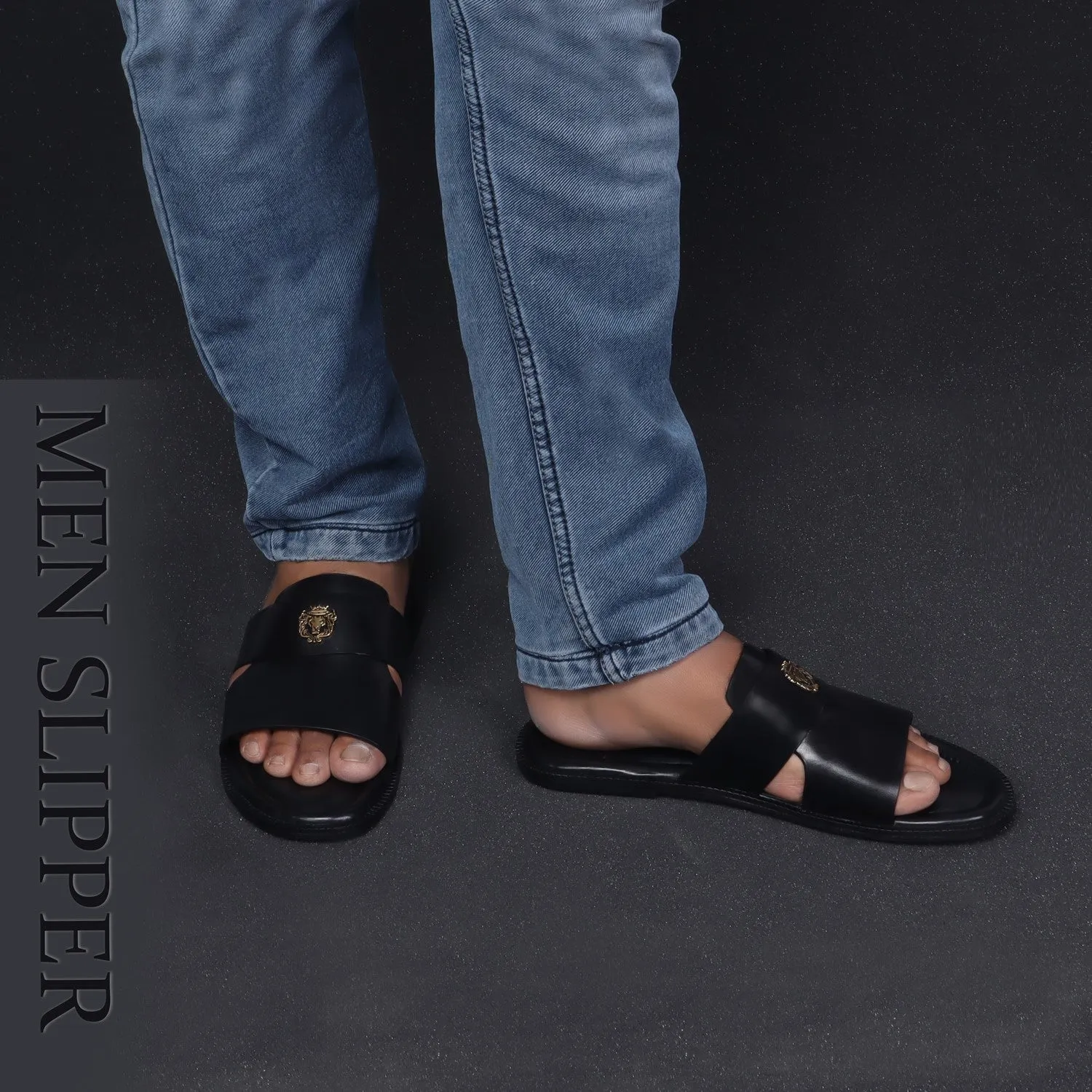 Welt Slippers with Broad Strapped Cut Out Detail Black Leather