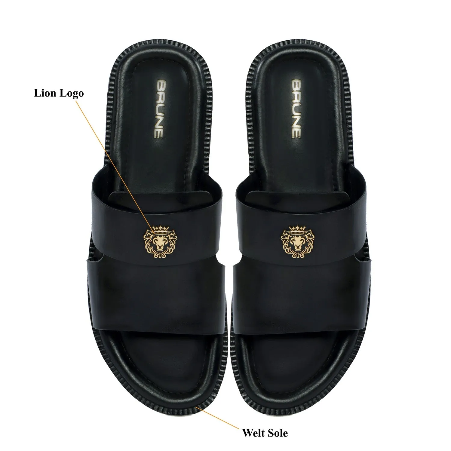 Welt Slippers with Broad Strapped Cut Out Detail Black Leather