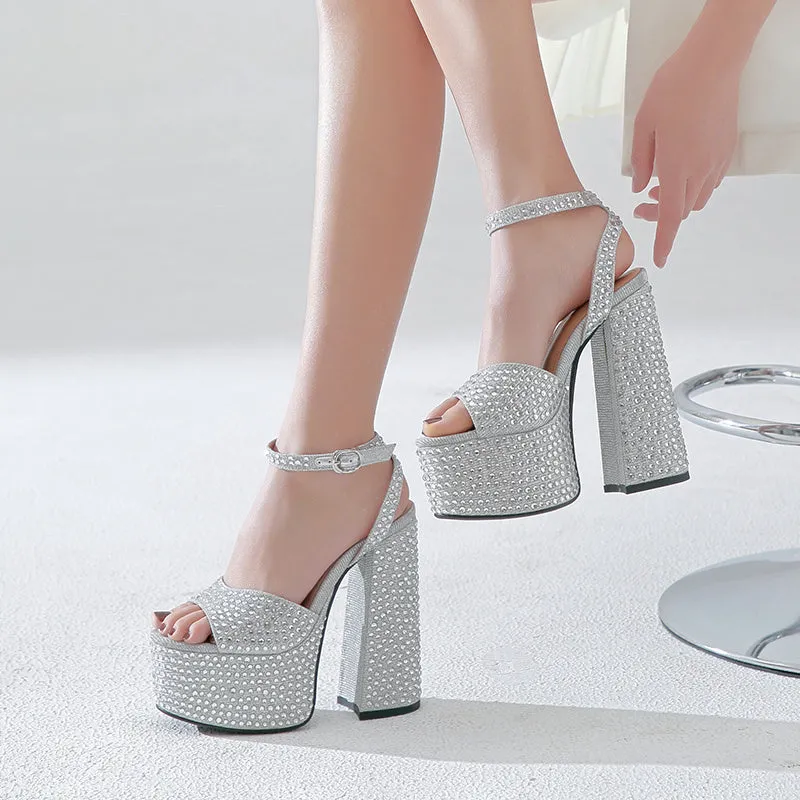 Women's Leather Block Heel Rhinestone High Heel Sandals