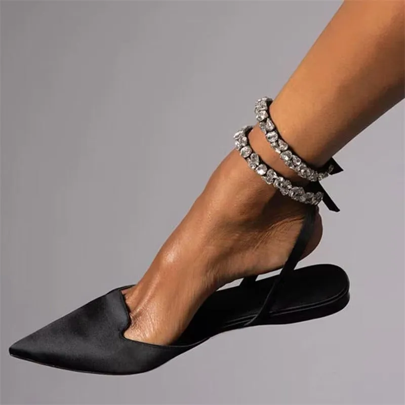 XIEYINSHE  Cross-Border plus Size  Spring and Summer New Pointed Toe Sexy Rhinestone Strap Sandals Women Flat Simplicity Pointed Toe Pumps